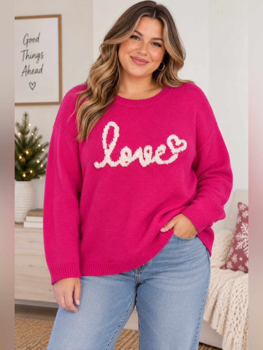 Cupcakes and Cashmere Pink Love Heart Sweater 
Size 3X